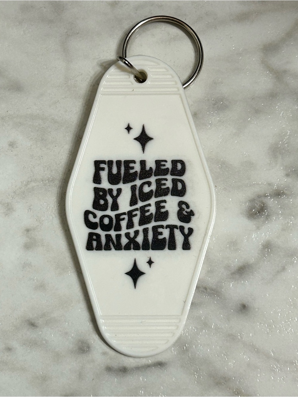 White Novelty Keychain "Fueled by Iced Coffee & Anxiety"